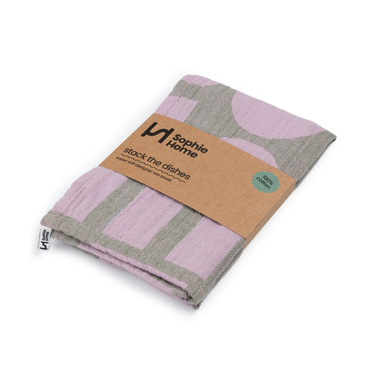 Designer Cotton Tea Towel: Stack The Dishes Green