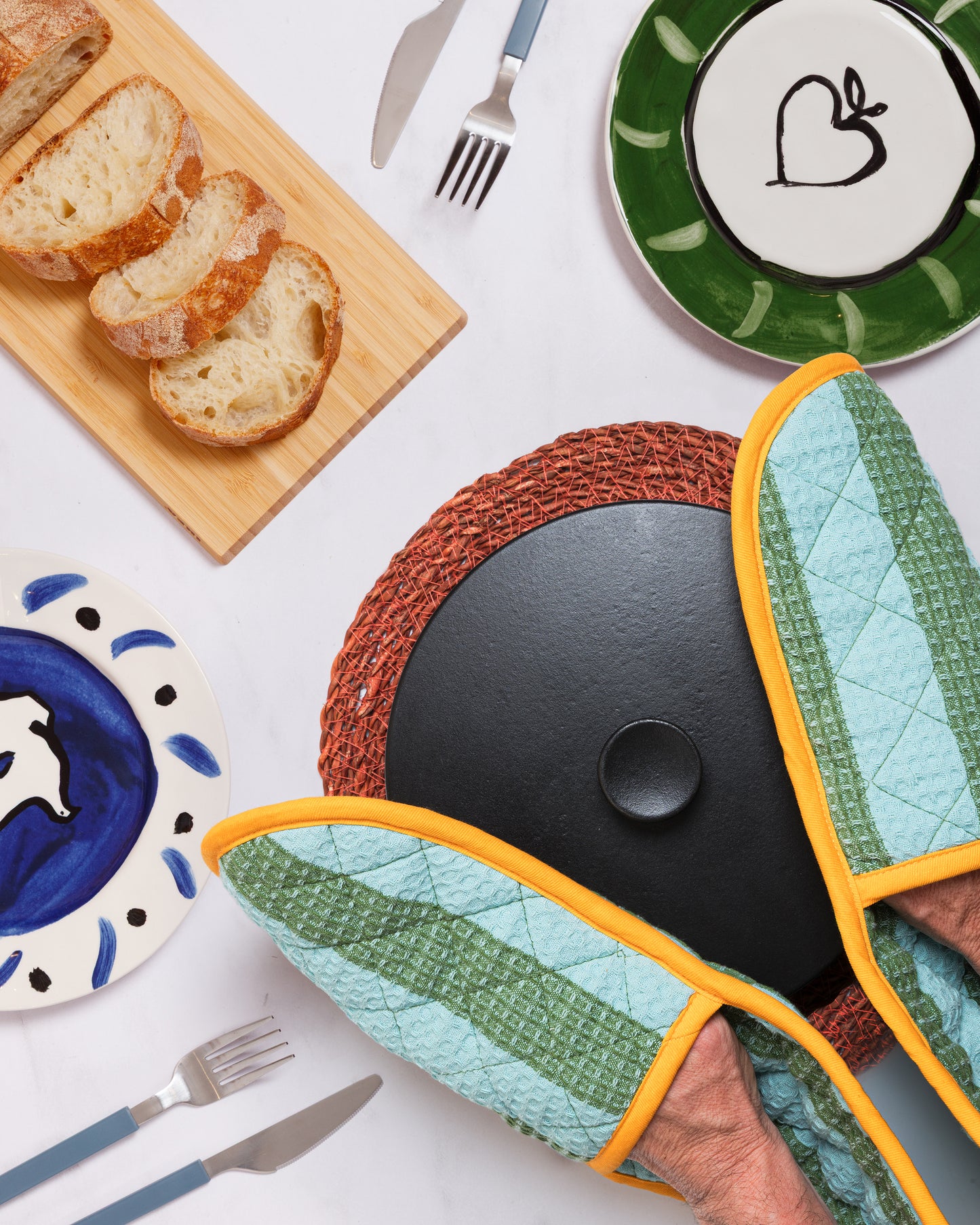 Striped Double Oven Glove: Green & Blue
