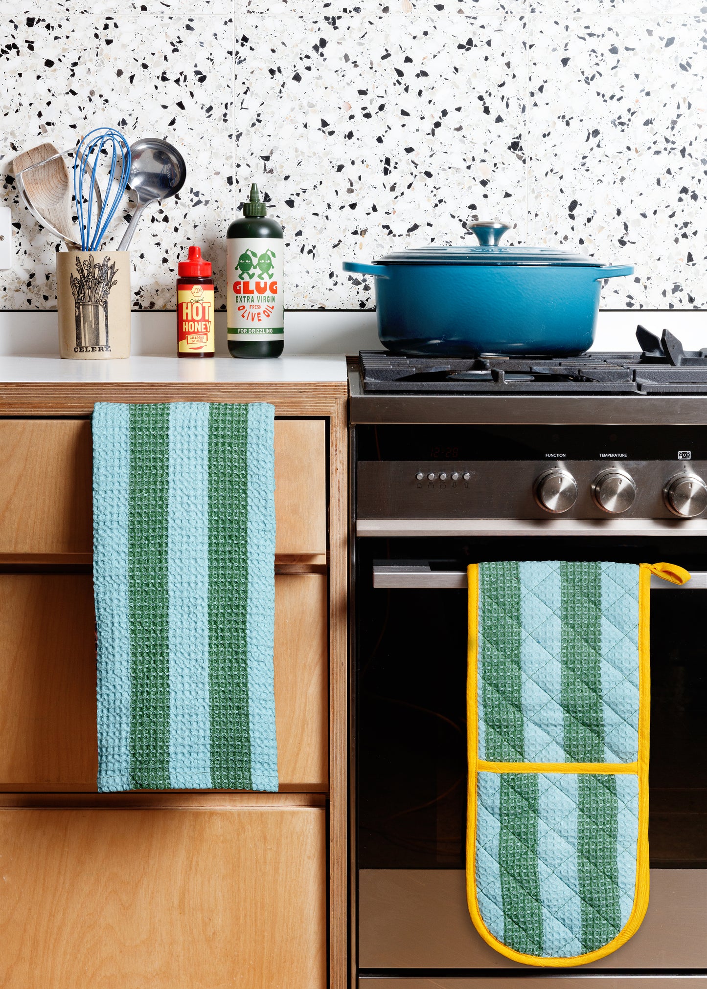 Striped Double Oven Glove: Green & Blue