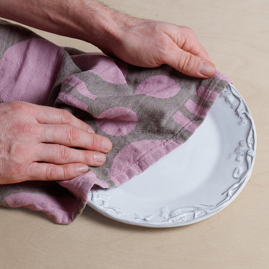 Designer Cotton Tea Towel: Stack The Dishes Green