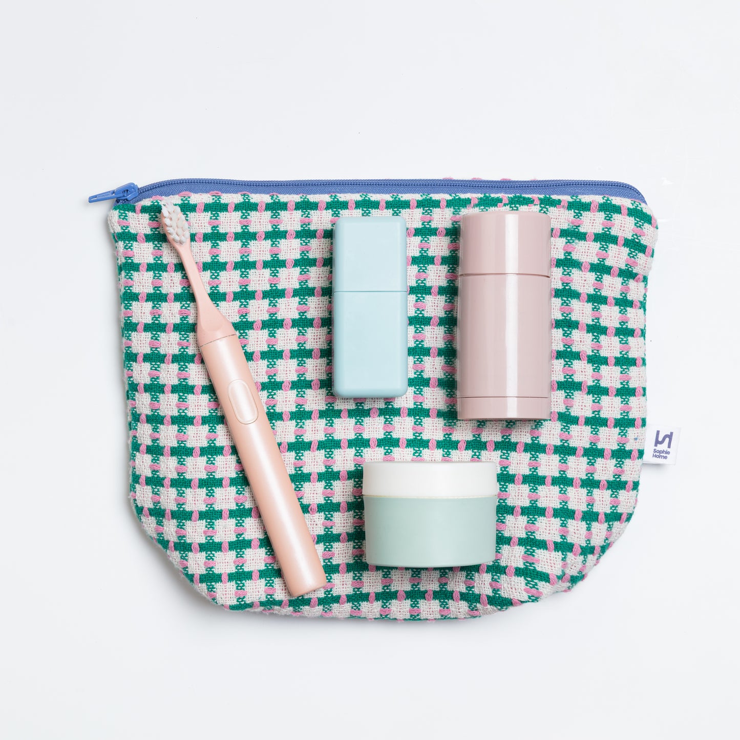 Recycled Cotton Wash Bag: Green & Pink